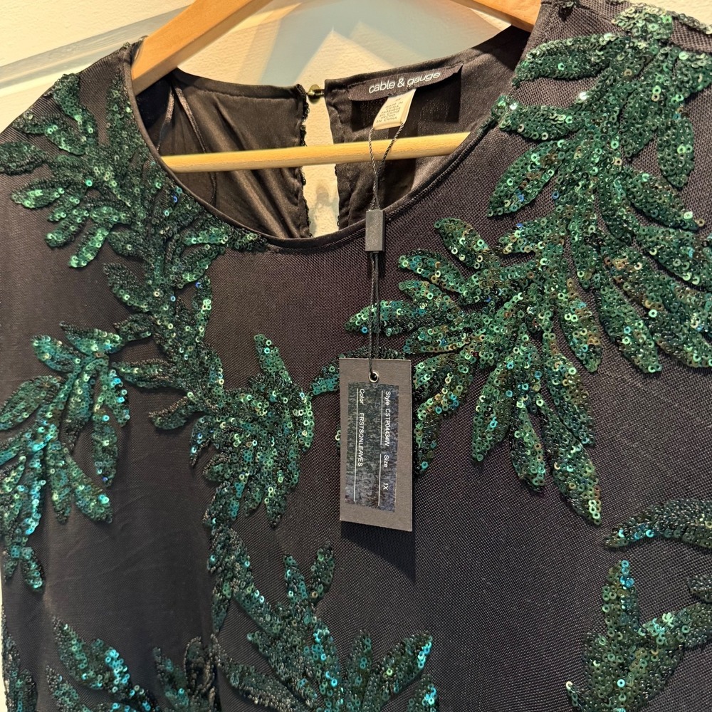 NWT CABLE & GAUGE Top Black Green Sequin Leaf Mesh Top Blouse CSTP04434W Size 1X